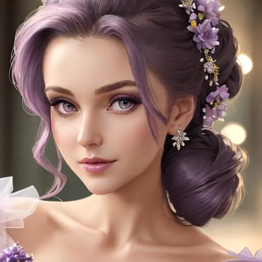 Prompt: Beautiful woman portrait wearing an lilac evening gown, elaborate updo hairstyle adorned with flowers, facial closeup