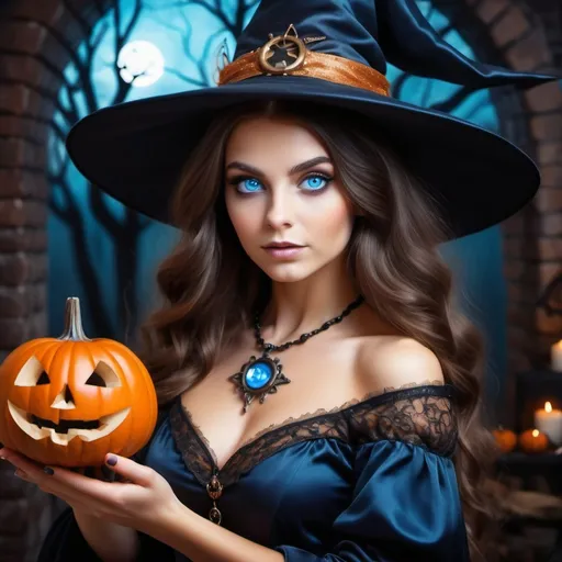 Prompt: An elegant beautiful blue-eyed with brown hair enchanted and gifted witch conjures and communicates with spirits at Halloween.