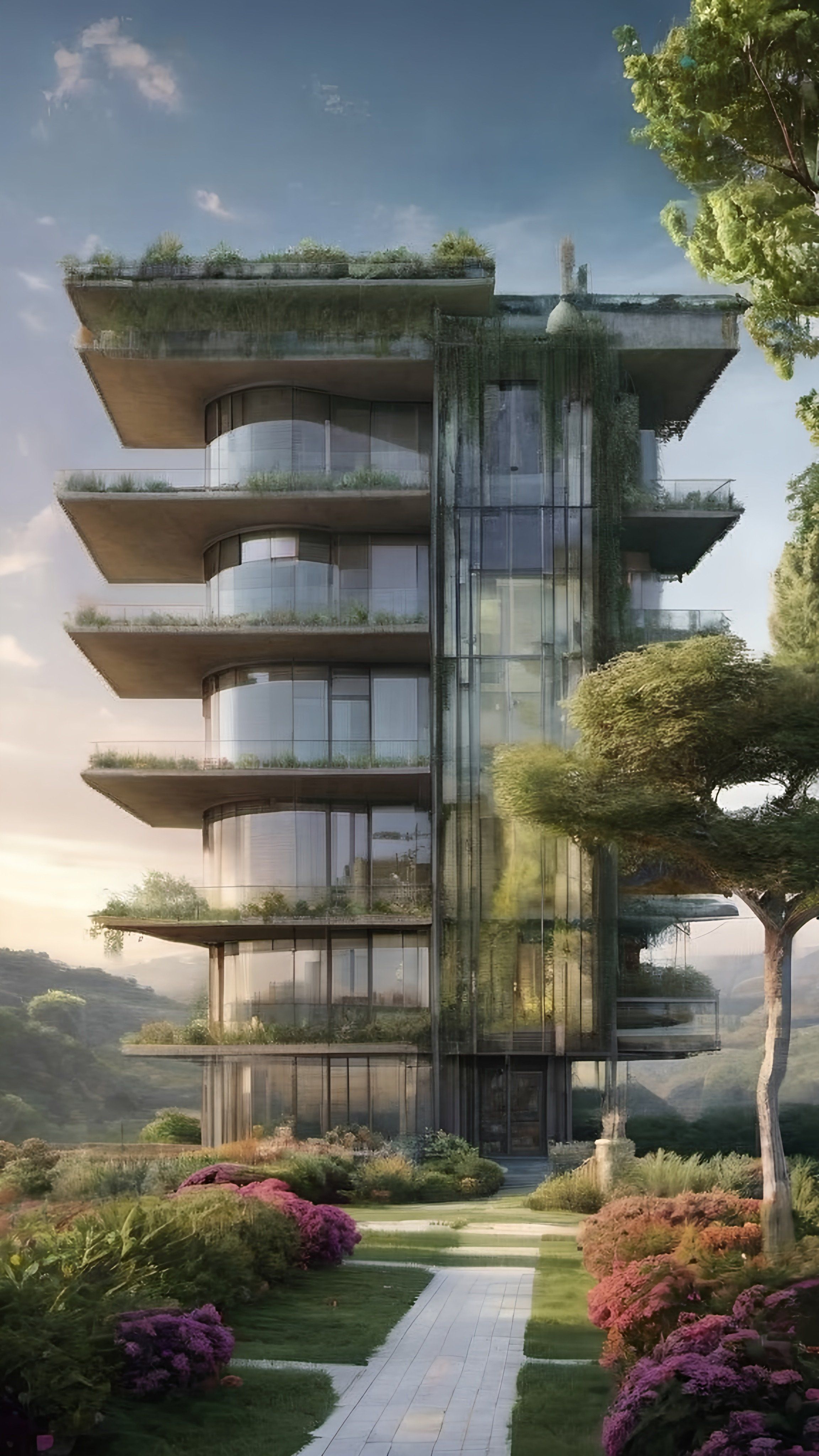 Prompt: a tall building with a walkway leading to it and lots of windows on the side of it and trees and bushes