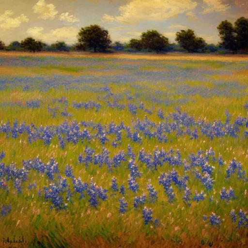 Prompt: A impressionist painting of the  texas blue bonnets in rolling fields with cattle. Use neutral colors. The style should be similar to the style of Claude Monet’s . A brown Basie whit and black color palette. Very simple beautiful design. The mood of the peace should be relaxed. 