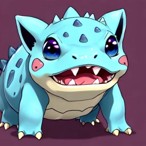 Prompt: HD, High Quality, 5K, Anime, Bulbasaur, small quadrupedal amphibian,  blue skin with darker patches, It has red eyes with white pupils, pointed, ear-like structures on top of its head, and a short, blunt snout with a wide mouth. A pair of small, pointed teeth are visible in the upper jaw when its mouth is open. Each of its thick legs ends with three sharp claws. On Bulbasaur's back is a bright green circular plant bulb that conceals two slender, tentacle-like vines, which is grown from a seed planted there at birth. The bulb also provides it with energy through photosynthesis as well as from the nutrient-rich seeds contained within, forest, Pokémon by Frank Frazetta