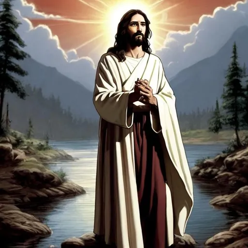 Prompt: Jesus standing next to a river in a full body view
long dark brown hair
wearing an off-white robe with a red sash draped over his right shoulder