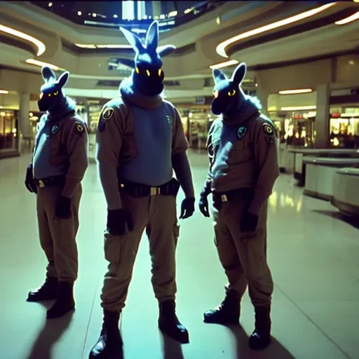 Prompt: Wallaby security guards in a busy alien mall, widescreen, infinity vanishing point, galaxy background, surprise easter egg