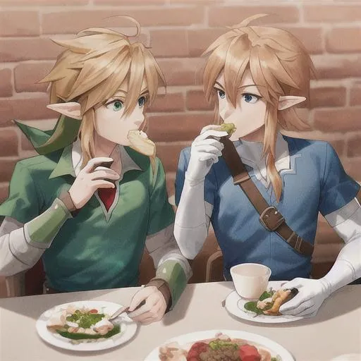 Prompt: Link and Aether eating together 