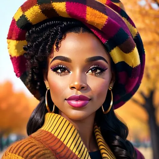 Prompt: African american girl, Pretty makeup and stylish hair, autumn colors, facial closeup 