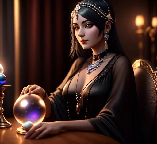 Prompt: Sephiatone phtot okf 1920s, Fortune teller, gypsi, young and very beautiful, sitting behind table with crystal ball,
raw photo, photorealistic, High Detail, dramatic, UHD, HDR raw photo, realistic, sharp focus, 8K high definition, insanely detailed, intricate, high quality, 