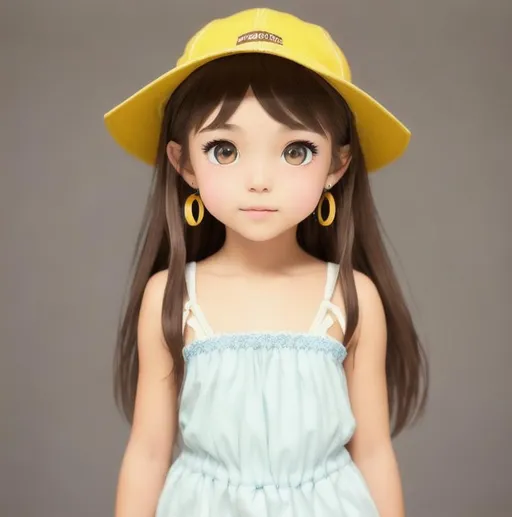 Prompt: A  young girl with chocolate brown hair that goes all the way down to her bottom, with hazel brown eyes and light tan skin, wearing comfy shorts and a sleeveless and strapless shirt and a cap all light yellow, also wearing light blue heart earrings, in a hand-drawn, storybook style, 2D. Perfect features, extremely detailed. Krenz Cushart + loish +gaston bussiere +craig mullins, j. c. leyendecker +Artgerm.