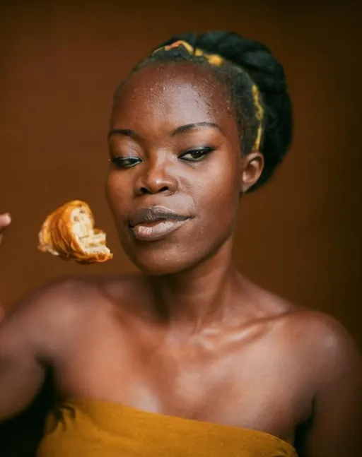 Prompt: ghanaian woman eating croissant



