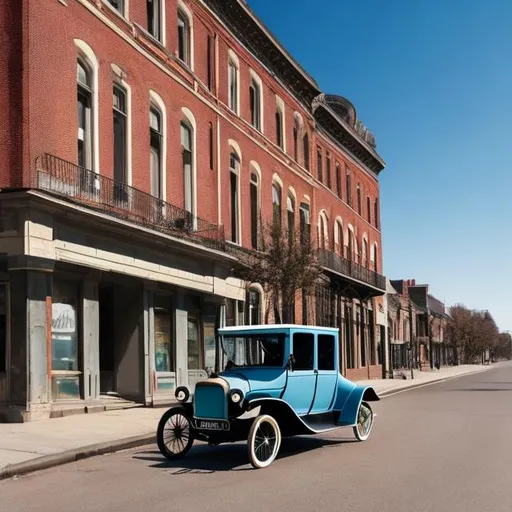 Prompt: Early tall 1900s buildings with road early 1900's Ford Model T high resolution 4k daytime nice weather light blue sky 