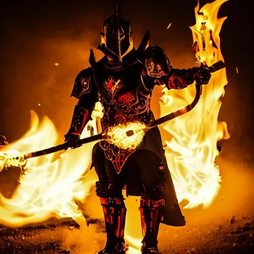 Prompt: Super dark evil person wearing red plate armor and carrying a flaming whip