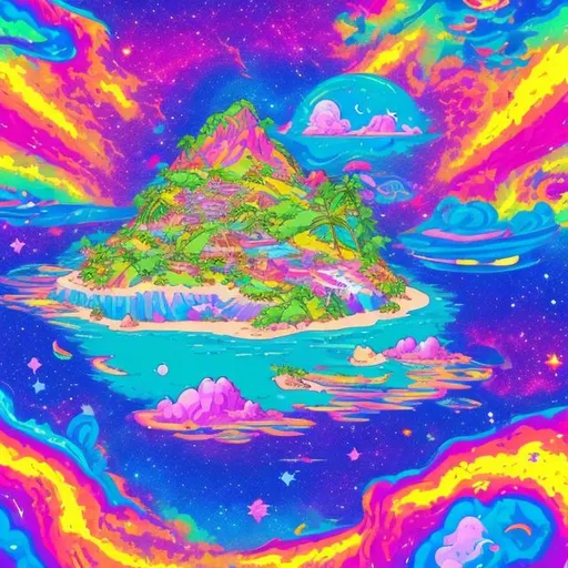Prompt: An island in space in the style of Lisa frank