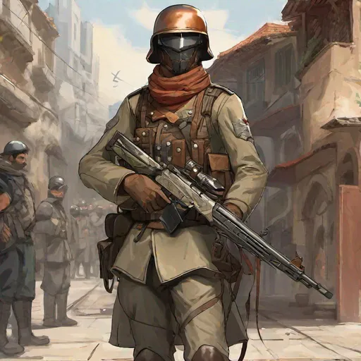 Prompt: Whole body. Full figure. A scifi Turkish ottoman soldier. Helmet and Visor covering the face. Scifi wwi uniform. He wields a rifle. In background a summerged Istanbul. Rpg art. Rpg. 2d art. 2d. Well draw face. Detailed. 