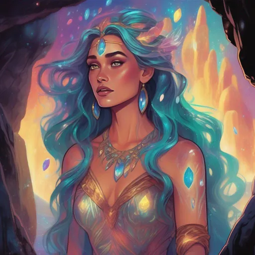 Prompt: A colourful and beautiful Persephone, in a beautiful flowing iridescent dress, with iridescent hair, with glowing and iridescent tribal markings on her skin, in a cave filled with glowing gems. In a Disney and Marvel Comics painted style.