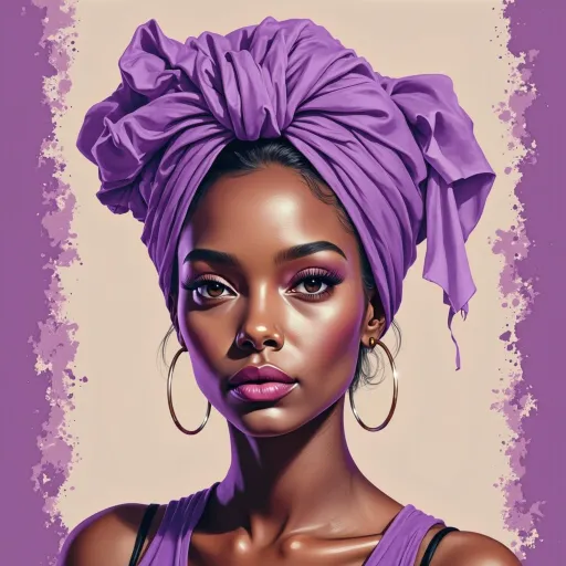 Prompt: This is a digital illustration in a comic art style featuring a close-up portrait of a woman with a confident expression. The woman has dark brown skin and is wearing a large, intricately tied purple headwrap that covers her hair and drapes to the side. Her eyebrows are neatly arched, and she has long, dark eyelashes with subtle eye makeup. Her lips are painted a rich purple, matching her headwrap. She is wearing large, silver hoop earrings that dangle down to her shoulders. Her outfit includes a purple top with thin straps that are visible on her shoulders. The background is a solid beige color with purple, patterned borders on both sides, adding a decorative element to the image. The illustration uses bold lines and a mix of flat and shaded colors to create depth and texture, particularly in the headwrap and skin. The overall composition is balanced, with the woman's face centered and her headwrap and earrings drawing attention. The style combines elements of realism with the exaggerated, expressive qualities typical of comic art.
