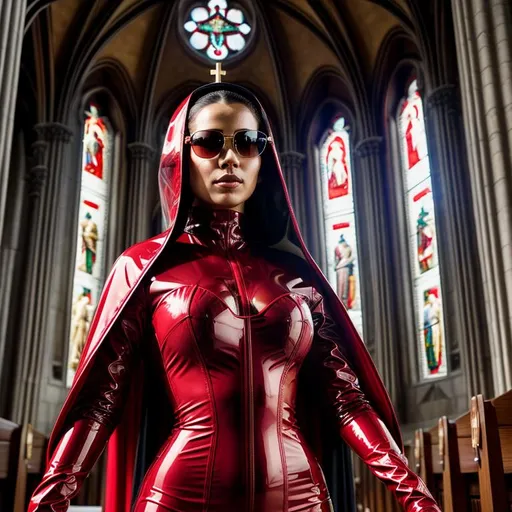 Prompt: Beautiful woman from a random country, black sunglasses wearing a red latex haute couture futuristic dress, praying in the altar in the catholic church, highly detailed, ambient light, provocative, close-up portrait.