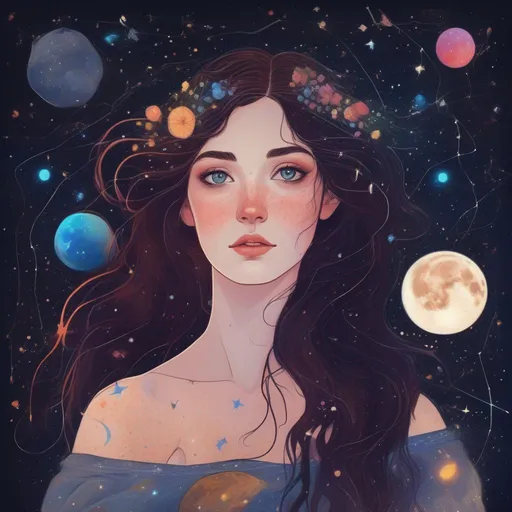 Prompt: Colorful and beautiful Persephone with brunette hair and light freckles, framed by constellations and stars and cosmos and the moon