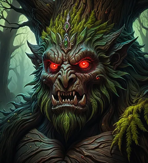 Prompt: Warhammer fantasy RPG style tree monster, highly detailed illustration, detailed face, painful expression, oil painting, dark and ominous atmosphere, intricate bark textures, haunting red and green hues, mystical forest setting, piercing glowing eyes, ancient and weathered appearance, best quality, highly detailed, oil painting, fantasy, dark atmosphere, intricate textures, mystical forest, glowing eyes, ancient appearance, haunting colors, professional, dramatic lighting