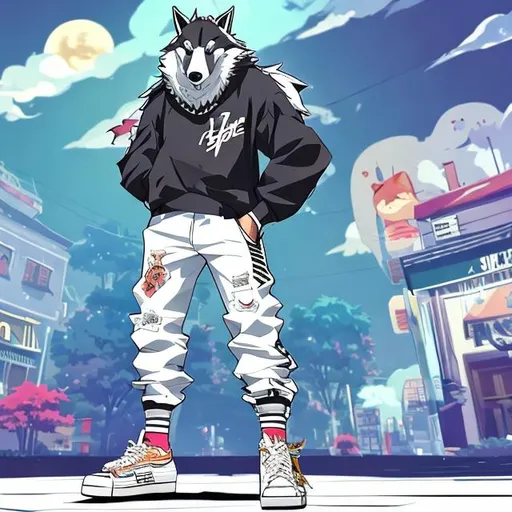 Prompt: A Tall, Fit, Big bearded, furry young adult Wolf Boy wearing Rapper's outfit and White Sneakers in anime Style