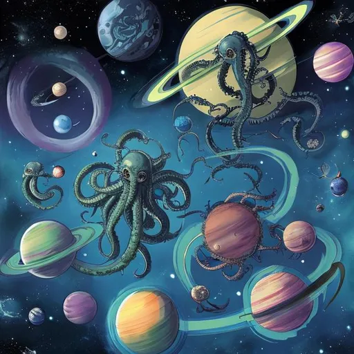Prompt: Space Kraken with Planets 