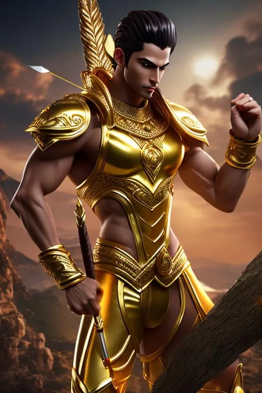 Prompt: perfect composition, hyperrealistic, super detailed, slim 'v' shaped body with sixpack abs looks like lord sriram indian god,cute face, strong warrior, golden hair, golden eyes, golden sideburns, white greek suit, fantasy art, magic weapon bow and arrow, ultra detailed, 64k resolution, curly hair, intricate details, man bun hair knot, waterfalls background ,trending art, trending on artstation, sharp focus, studio photo, intricate details, highly detailed,