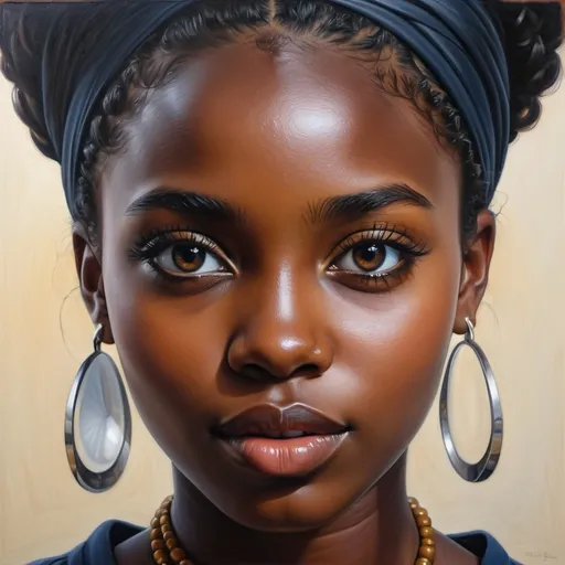 Prompt: Young African women, oil painting, hyper realistic, high details, symmetric, perfect eyes, perfect hair, beautiful, dark brown eyes, black hair, dark skin, everyday clothes,
