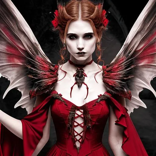 Prompt: Ghostly Pretty Vampire Warrior Princess dramatic in red dress with wings and horns close up


