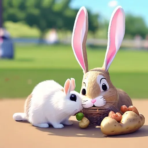 Prompt: A bunny eating a cute potato at the park by the beach