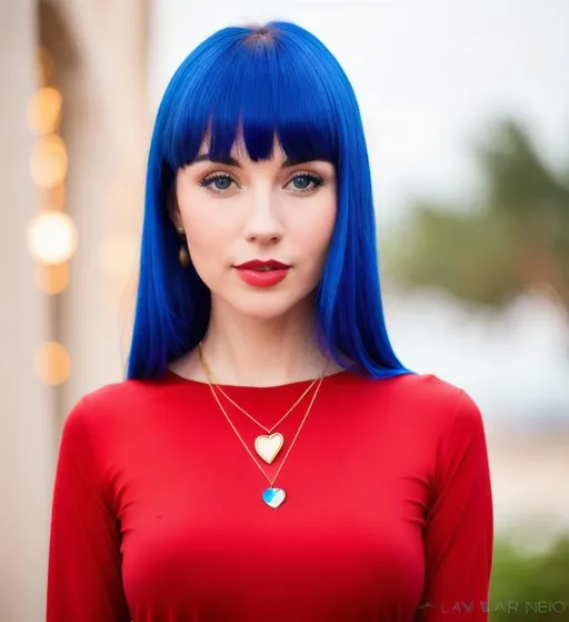 Prompt: photo realistic portrait of royal blue colored haired beautiful thin young Caucasian woman with fair and smooth white skin, ocean blue eyes and rose red lips, long hair with bangs, no dimples, wearing long sleeved tight red shirts, golden heart shaped necklace, centered in frame, facing camera, ideal woman, 85mm lens,f8, photography, ultra details, natural light, light background, photo, Studio lighting