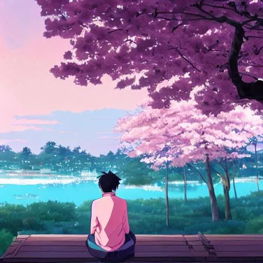 Prompt: a strong man turning his back to the screen, 25 years old, sitting on the piles of sakura, short and white hair, white clothes, handsome, smiling, under pink romantic sky, art by Makoto Shinkai, full body, peaceful and romantic