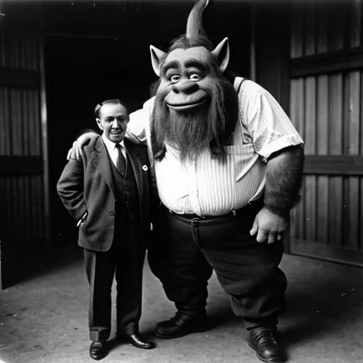 Prompt: Photo taken in 1915, ugly troll with very unusual ears stands next to a business man