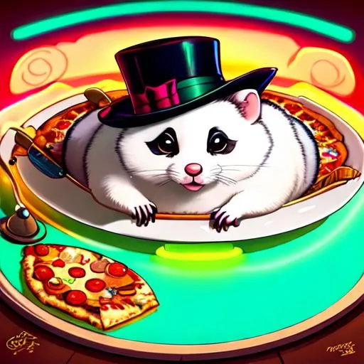 Prompt: fat round opossum wearing (((top hat and monocle))), fluffy, art style of sam yang and james jean! cute (((neon))) surrealism, pizza