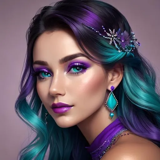 Prompt: Beautiful ethereal woman. color scheme of turquoise and purple. facial closeup