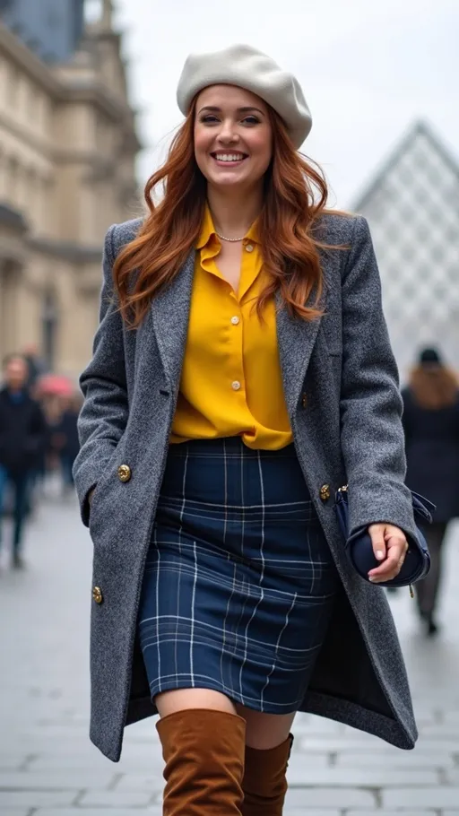 Prompt: (Stunning olive-skin French woman), walking on a (crisp winter day) in (Paris), with (The Louvre Pyramid) in the background, showcasing her elegant charm and beauty, warm friendly smile, (silky auburn-cinnamon hair), wearing a chic (white Monty beret), fashionable outfit with a (blue & yellow tweed coat), bright (yellow blouse), stylish (blue plaid above the knee skirt), and (tall brown suede boots), navy purse, featuring curvy figure, captured in (photorealistic 8k), emphasizing (high detail & quality). The ambiance is (charming) and (elegant).