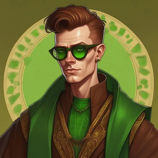Prompt: light rice paper::3, a pictute of an irish androgynous caucasian male sorcerer, very short dark brown slicked back pompadour undercut hair with shaved sides, in a wizard robe, wearing round glasses, green shades with emerald lenses, dark female makeup, freckled, milky skin, 2d art by James Gurney,