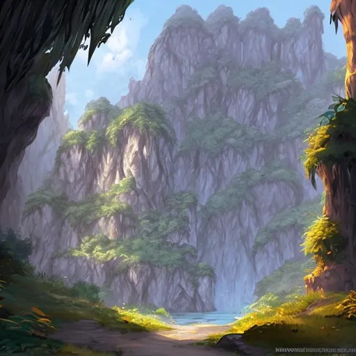 Prompt: Caves that have tall bushes in front of them, dnd artstyle, high quality


