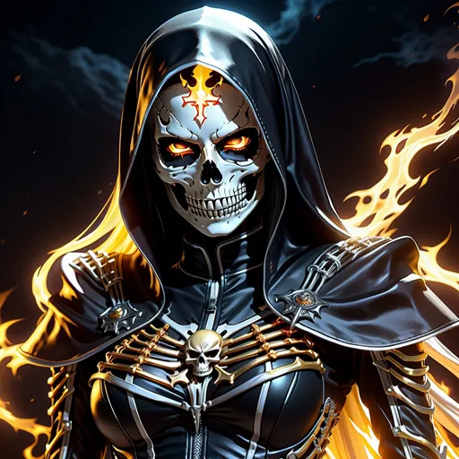 Prompt: Highly detailed 4k UHD anime illustration of a female ghost rider Nun, skeleton form perfect autonomy body shape, muscular slim body tone, defined abs, anime, horror, skeletal features, intense eyes, dark atmosphere, hauntingly beautiful, atmospheric lighting, eerie glow, highres, detailed skeletal structure, spectral aura, professional