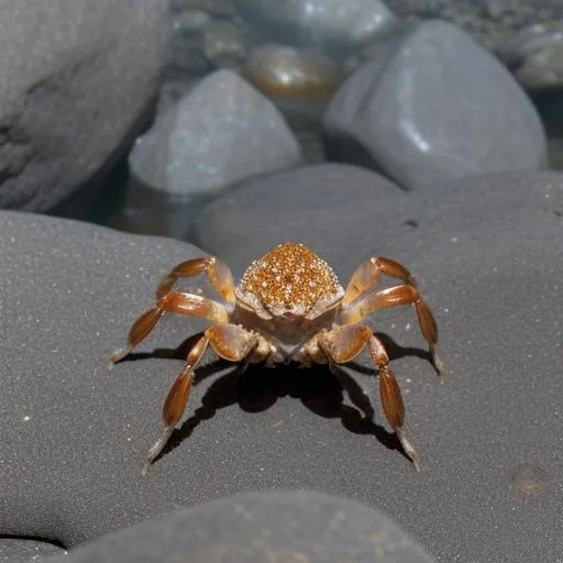 Prompt: A tiny atlas crab from planet venus lifting a rock