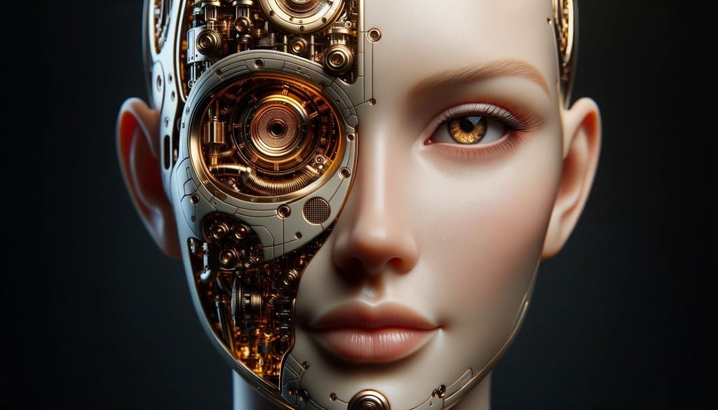 Prompt: Photorealistic matte photo of a gold android female head. The intricate details reveal underlying circuitry and mechanisms, showcasing a perfect blend of human-like features and advanced technology in UHD quality.