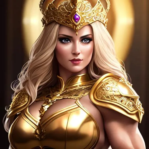 Prompt: Woman, stunning, gorgeous, thick, muscular, strong, fit, queen, paladin, wearing a golden armor, fantasy, UHD, 8k, high quality, ultra quality, perfect composition, trending art, trending on artstation, sharp focus, studio photo, intricate details, cinematic lighting, special effects, hyper realism, hyper realistic, Very detailed, oil painting, full body