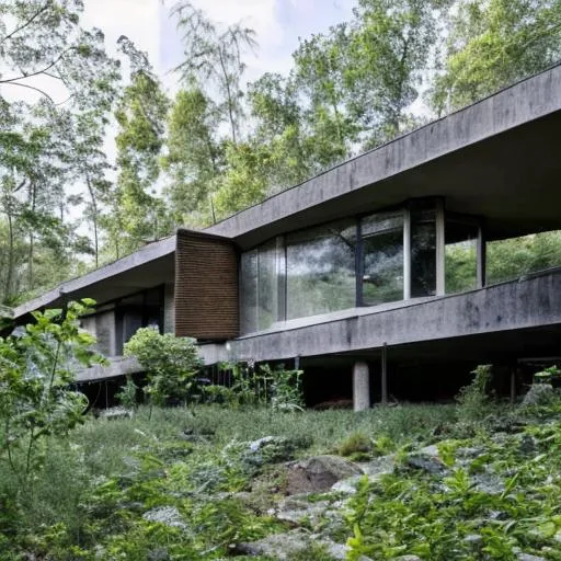 Prompt: brutalist architecture home surrounded by nature