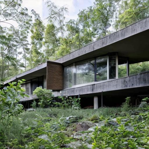 brutalist architecture home surrounded by nature