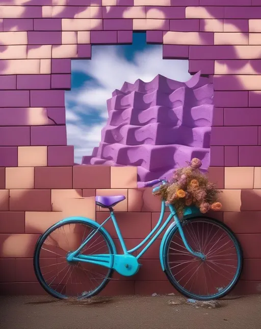 Prompt: A surreal dreamscape blending real world elements into abstract forms, with a crumbling brick wall transforming into a wave-like pattern, an old bicycle melted and twisted into a metallic flower shape, clouds forming geometric cubes in a purplish sky. Shot with a Fujifilm X-T4 mirrorless and 10-24mm ultra-wide angle lens. Uplifting pastel colors, softly blurred. 