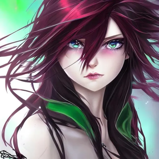 Prompt: Woman, maroon hair with black and silver ends, long hair, anime style, heterochromia left eye blue right green