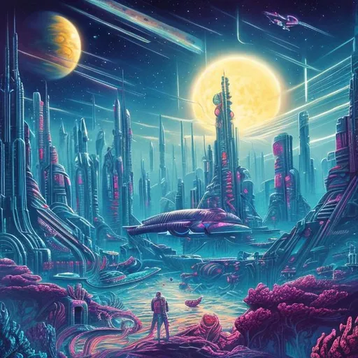 Prompt: retro art, underwater city, synthwave art, highly detailed, galaxy, cosmos