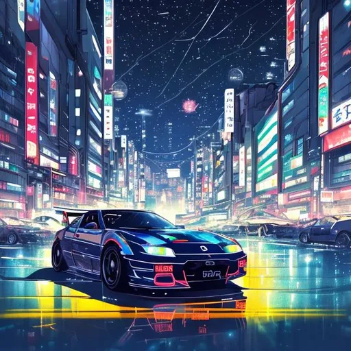 Prompt: JDM car at Tokyo at night sky full of stars with a lot of neon lights buildings makoto shinkai style, pixiv, 4k, wallpaper, high quality