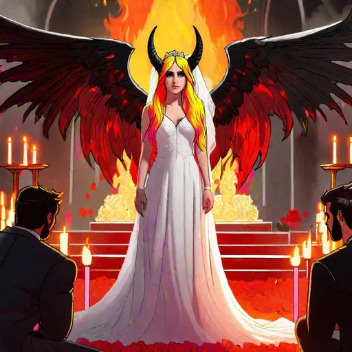 Prompt: Haley  as a demon horse hybrid (bright multi-color hair) (multi-color eyes) wearing a wedding dress (demon tail) (black demon wings) standing at the altar in hell