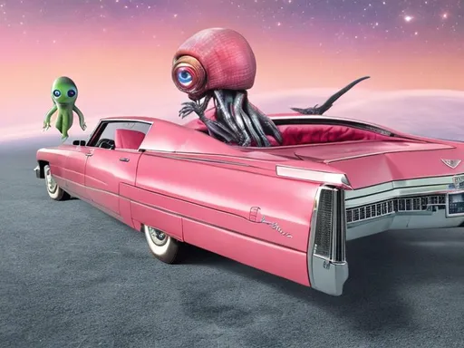 Prompt: an old cadillac is flying in space with an alien in the seat

