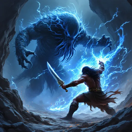 Prompt: epic battle scene, Conan facing the mythic creature known as Cthulhu Mythos, Conan has a detailed broad sword in one hand and a long dagger in the other, a bright blue flame surrounds the battle, fantasy style, dramatic poses, swirling shadows, intense expressions, rugged, battle-worn armor, ethereal glow, jagged cliffs in the background, deep blues and purples with touches of silver, ominous atmosphere, high depth dramatic lighting, ultra-detailed, cinematic composition, mystical energy crackling around them, dynamic action.