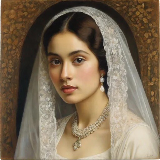 Prompt: half body, pretty young Indonesian woman, 25 year old, (round face, high cheekbones, almond-shaped brown eyes, small delicate nose), white cottehardie,  white open veil, character portrait by Elizabeth Polunin, featured on cg society, pre-raphaelitism, pre-raphaelite, enchanting, elegant, masterpiece, intricate detail