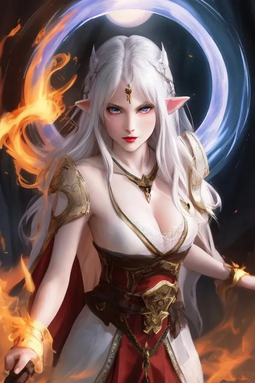 Prompt: A beautiful young elf female mage with shoulder length white hair, casting a fire spell, wearing a white mage robe, with cleavage, golden eyes, angry looking face, pale skin, red lips, under the moonlight, long-shot, Cold, Fantasy, 8K, High Quality, Vibrant, CG, detailed face, ray tracing, 